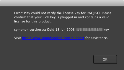 Error: Play could not verify the license key for EWQLSO. Please confirm that your iLok key is plugged in and contains a valid license for this product.